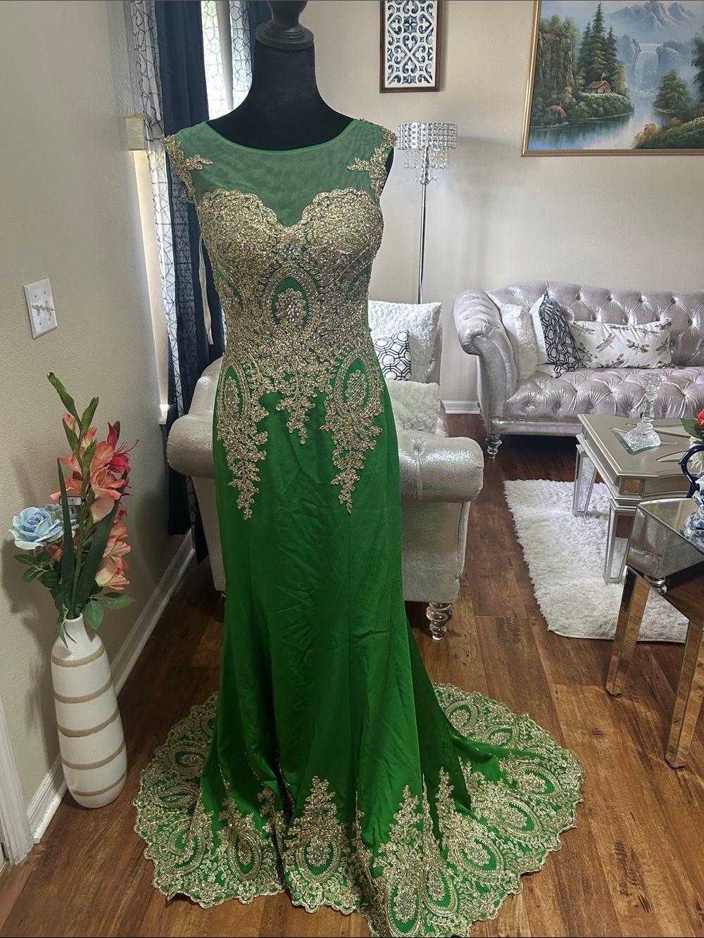 Green Embellished Wedding Dress with Gold Lace Detail